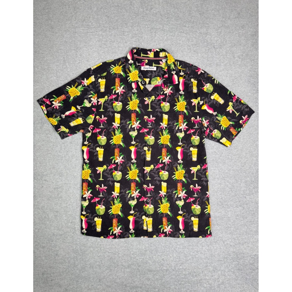 Tommy Bahama Mens Silk Tropical Cocktail Pineapple Print Camp Shirt Black M